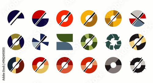 Collection of abstract circular logos and icons in various color palettes, representing diversity and design