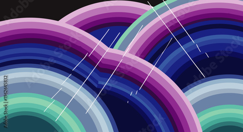 Abstract swirling rainbow arcs with thin white lines on dark background, vibrant colors, modern graphic design, digital art