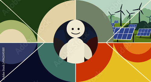 Abstract illustration of a person at the center of a colorful pie chart representing diverse environmental and energy sectors.