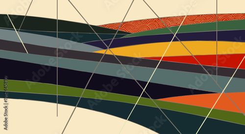 Abstract layered landscape illustration with undulating colorful shapes, intersected by a dynamic network of thin geometric lines, modern artistic background design.