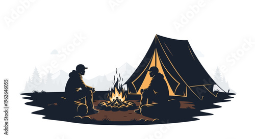 Two campers sit by a campfire near a tent in a serene outdoor setting