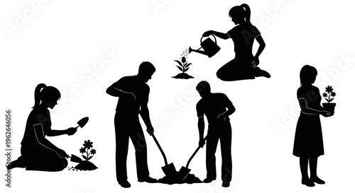 Silhouettes of people gardening and planting flowers and plants