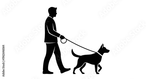 Man walking dog on leash in black silhouette