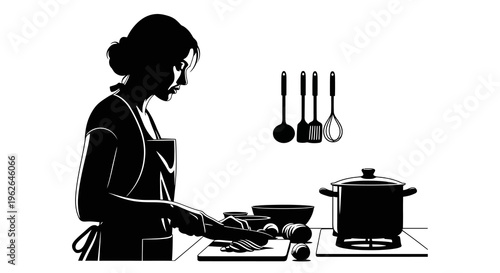 Woman in an apron preparing a meal with kitchen utensils and cookware
