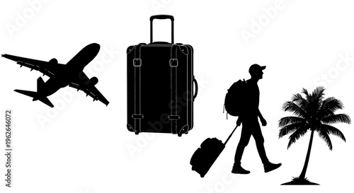 Silhouette of traveler with luggage walking near palm tree and airplane