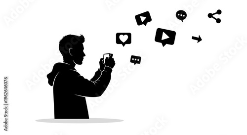 Silhouette of man taking a photo with social media icons floating