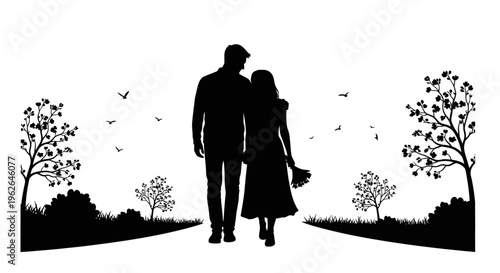 Silhouette of a romantic couple walking together on a path