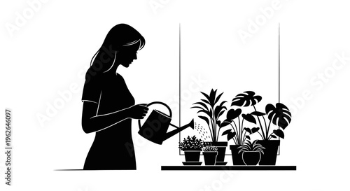Silhouette of a woman watering plants on a shelf with a watering can
