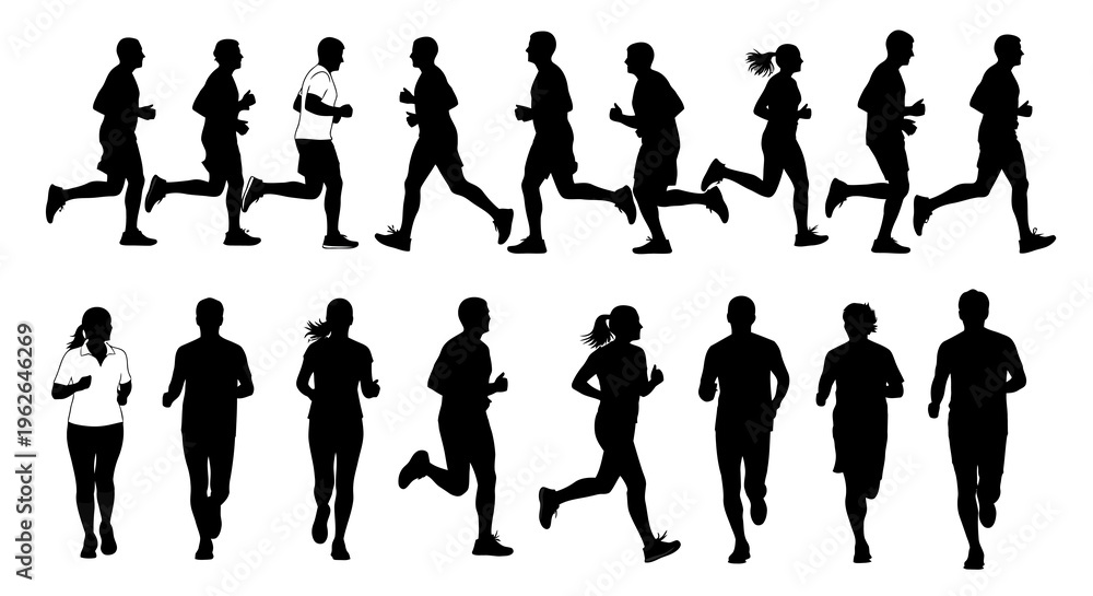 Fototapeta premium Black silhouettes of people running in various poses and positions