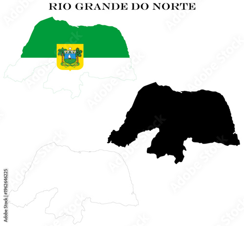 State of Rio Grande do Norte Map Bundle with Flag, Black Silhouette and Detailed Outline