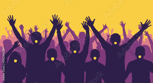Vector illustration of a crowd of people with their hands raised
