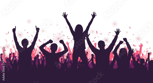 Silhouette of a joyful crowd celebrating with raised hands and fireworks