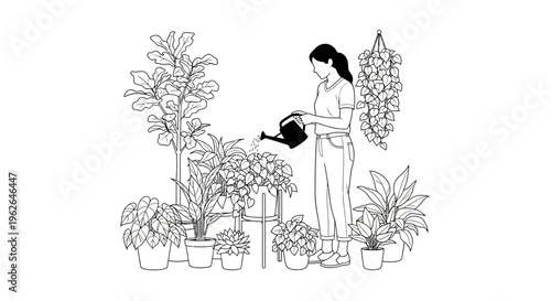 Woman watering plants in a serene indoor garden setting