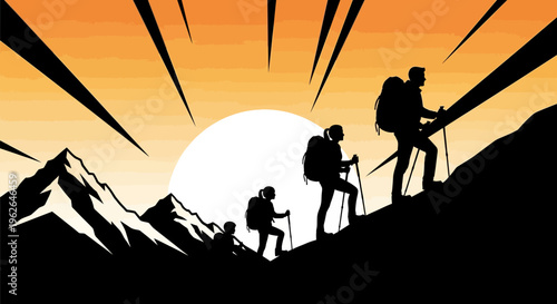 Hikers climbing mountain peak at sunrise with backpacks and trekking poles