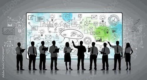 Business team discussing ideas on a large interactive whiteboard display