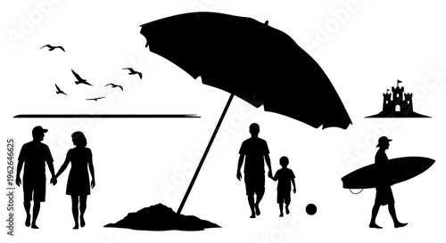 Black silhouettes of people at a beach with an umbrella