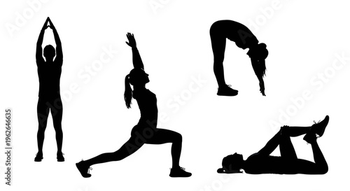 Silhouette illustration of people in various yoga poses and stretches