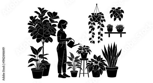 Woman watering plants in a garden with many potted plants