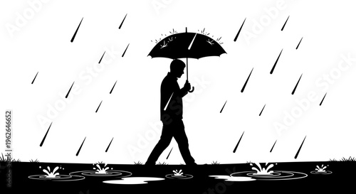 Man walking in rain with umbrella on a rainy day outside