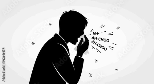 Man sneezing into tissue with ah-choo expression