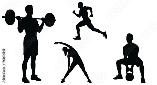 Silhouette illustration of four people doing various fitness exercises