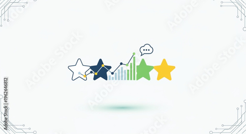Colorful star rating system with bar graph and speech bubble on white background for feedback and review concepts