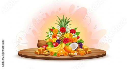 Vibrant fruit arrangement on wooden board with colorful background