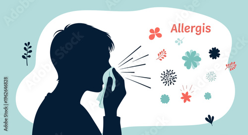 Person blowing nose with allergies and floral particles around them