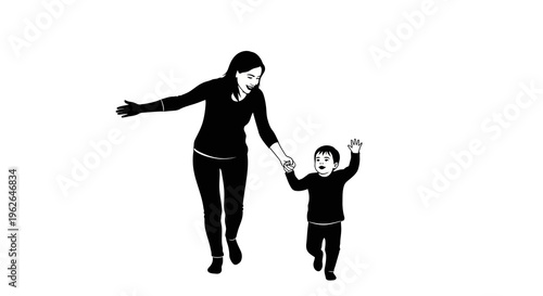Mother and child running together in a playful moment outdoors