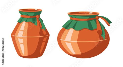 Two Traditional Clay Earthenware Pots. EPS Editable. Vector Illustrations.
