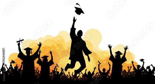 Graduates celebrate commencement with joyful silhouettes against sunset