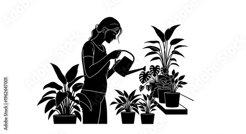 Woman watering plants in a serene indoor garden setting