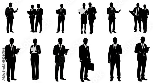 Business people in various professional poses and interactions vector graphic