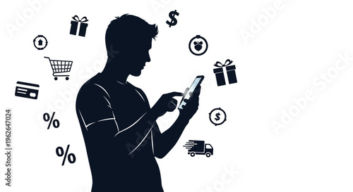 Man shopping online with smartphone and various e-commerce icons around him
