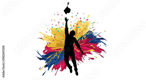 Silhouette of a graduate celebrating with colorful confetti explosion