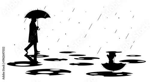Silhouette of a woman walking with umbrella on a rainy day