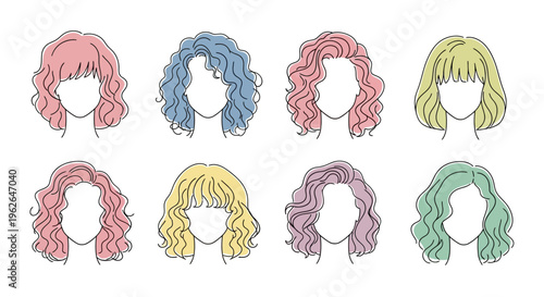 Colorful wigs for fashion illustration.