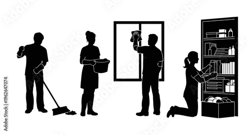 Silhouette illustration of people cleaning and organizing a house