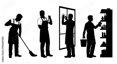 Silhouette illustration of janitors cleaning with various tools and equipment