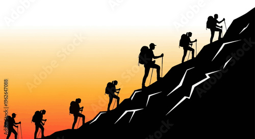 Climbers ascending steep mountain with trekking poles at sunset