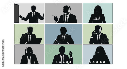 Vector graphic illustration of business professionals in a virtual meeting