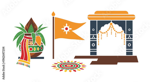 Gudi Padwa festival elements with kalash flag and rangoli. EPS Editable. Vector Illustrations.