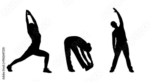 Three people in different stretching poses in black silhouette vector illustration