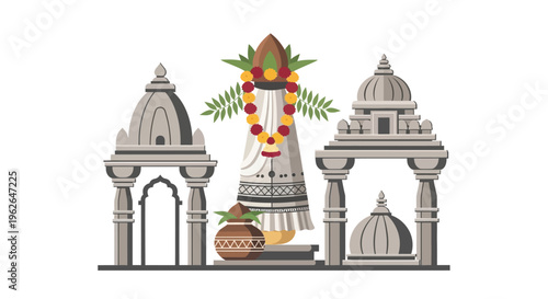 Hindu Goddess Statue With Garland. EPS Editable. Vector Illustrations.