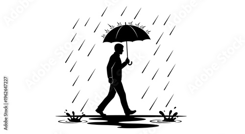 Man walking in rain with umbrella and puddles on ground