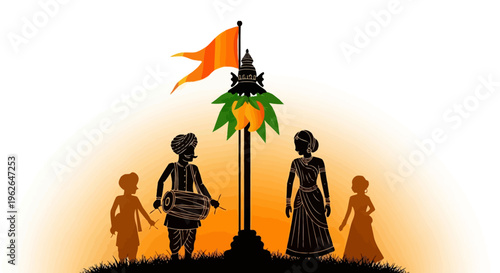 Silhouette of family with flag pole. EPS Editable. Vector Illustrations.