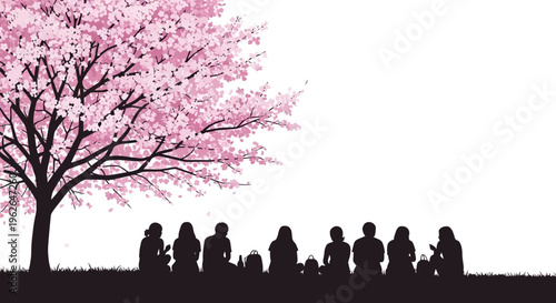 Silhouette of friends gathered under a blooming cherry blossom tree
