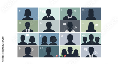 Vector graphic of multiple people on video conference call screens