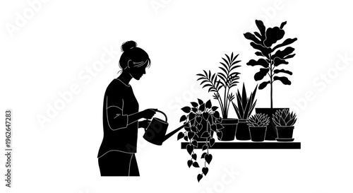 Woman watering plants on a shelf with a watering can