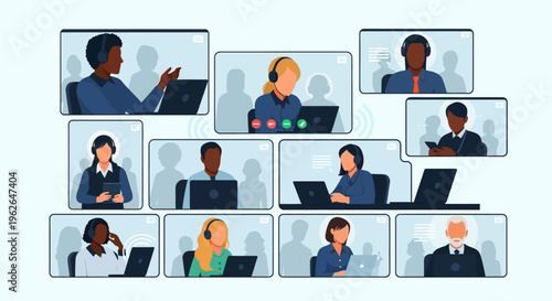 Diverse group of people in a virtual meeting on laptops